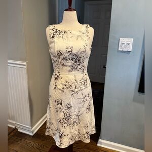 LOFT Cream Midi Dress with Black Floral Print